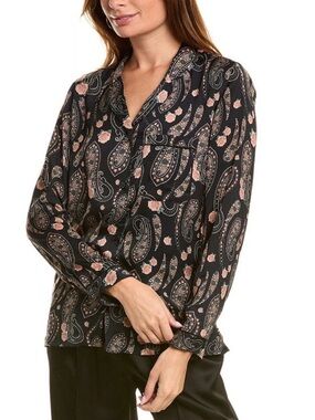 The Kooples Satin Paisley Floral Blouse Navy Button Front Size 3/ Large NWT